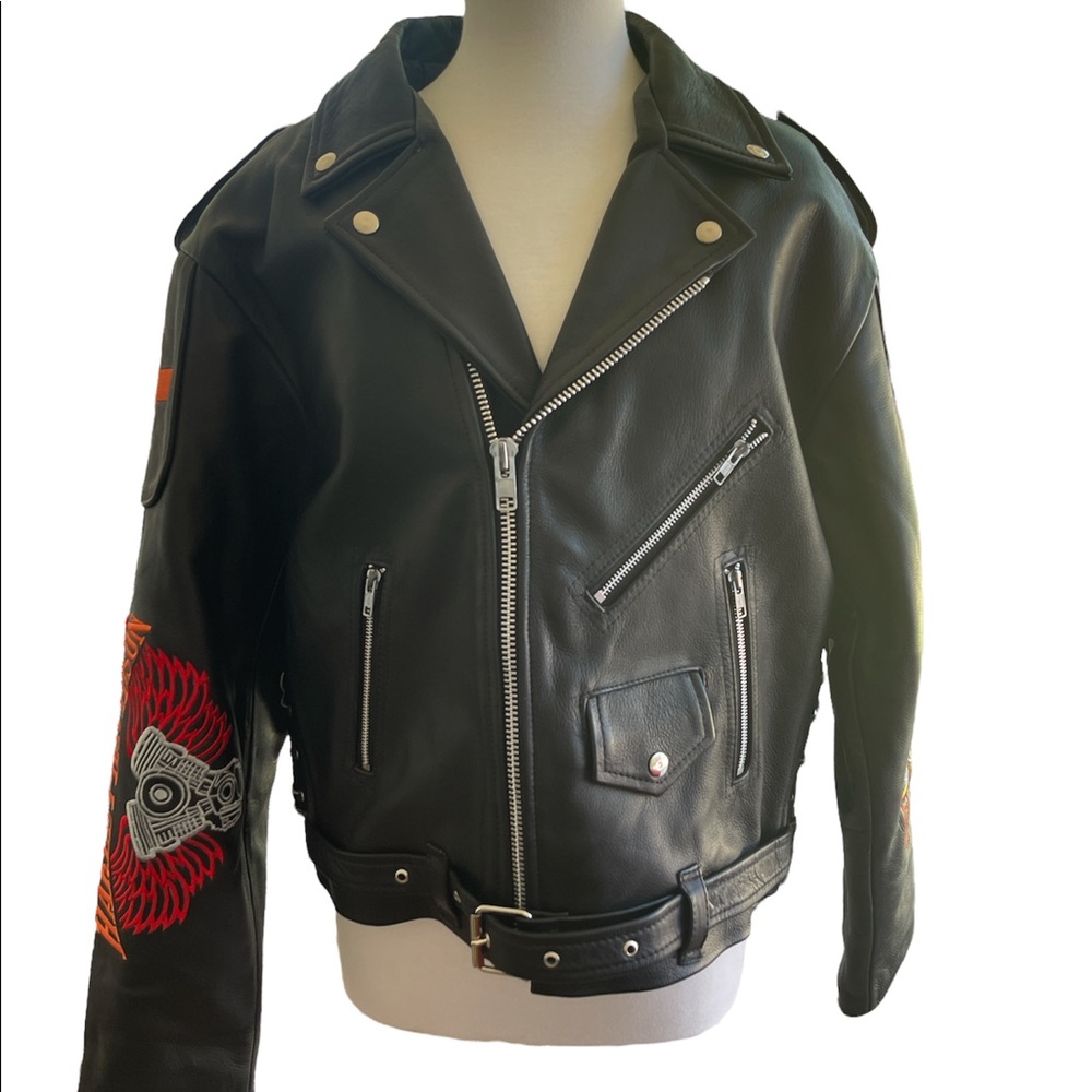Leather Jacket, Black Classic Biker Harley Davison Style. HD embroidered.